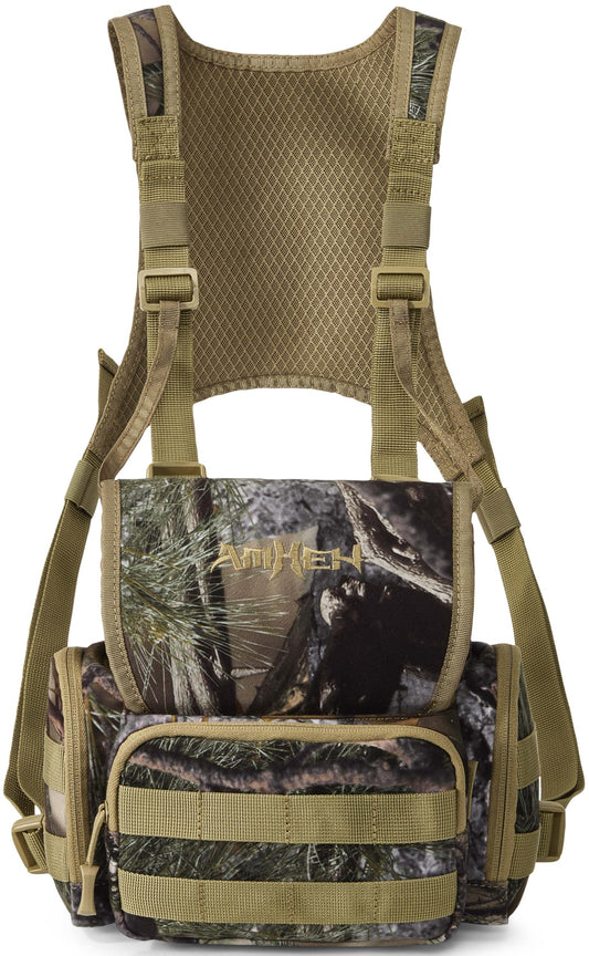 AMHEH Binocular Harness Bino Bag Hunting Chest Pack with Rangefinder Pouch | Magnetic Flap, Silent, Anti Glare, Birding, Hiking, Fits Up to 56 Inches Chests (Camo)