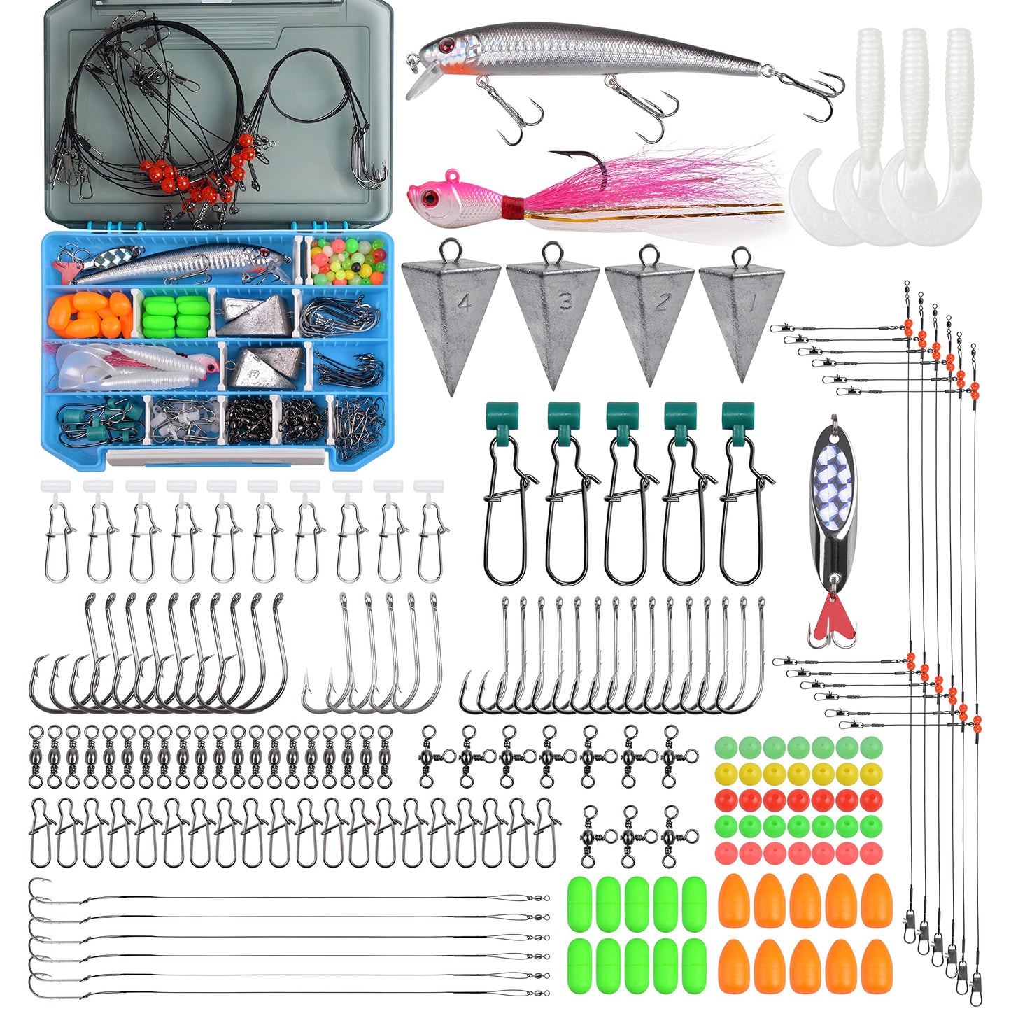 AGOOL Surf Fishing Tackle Kit, 173pcs Ocean Saltwater Fishing Lures Fish Finder Rigs Pompano Rigs Pyramid Sinker Weight Bucktail Jigs Fishing Hooks Swivels