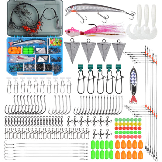 AGOOL Surf Fishing Tackle Kit, 173pcs Ocean Saltwater Fishing Lures Fish Finder Rigs Pompano Rigs Pyramid Sinker Weight Bucktail Jigs Fishing Hooks Swivels