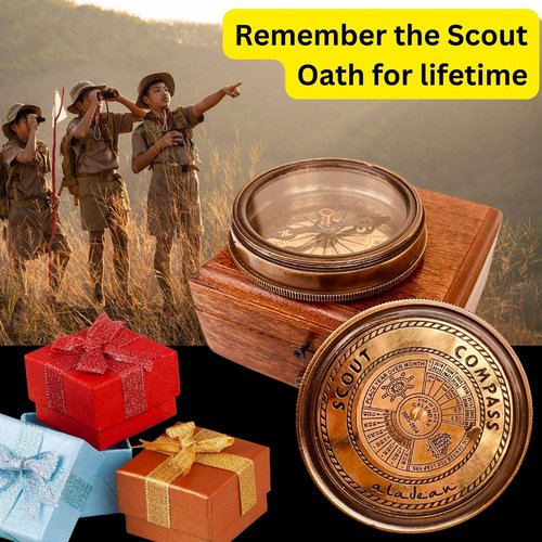 Scout Compass Gift Boys - Engraved Scout Oath Compass in Wood Box Scout Always Prepared Camping Orienteering Compass, Hiking Backpacking Compass Gift, 50 Year calander (#1 Scout Compass w Lid)