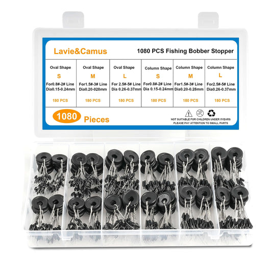 Lavie&Camus 1080PCS Fishing Bobber Stoppers, Oval and Column Floats Sinker Stops, Black Rubber 6 in 1 Bobber Stops, L M S Size Float Stop