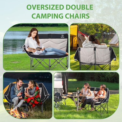 Nice C Loveseat Camping Chair, Double Camping Chair, Outdoor Camping Couch, Oversized Camping Loveseat, Padded Folding Chair for Adults, with Cooler Bag, Wine Glass Holder (Black&Grey)