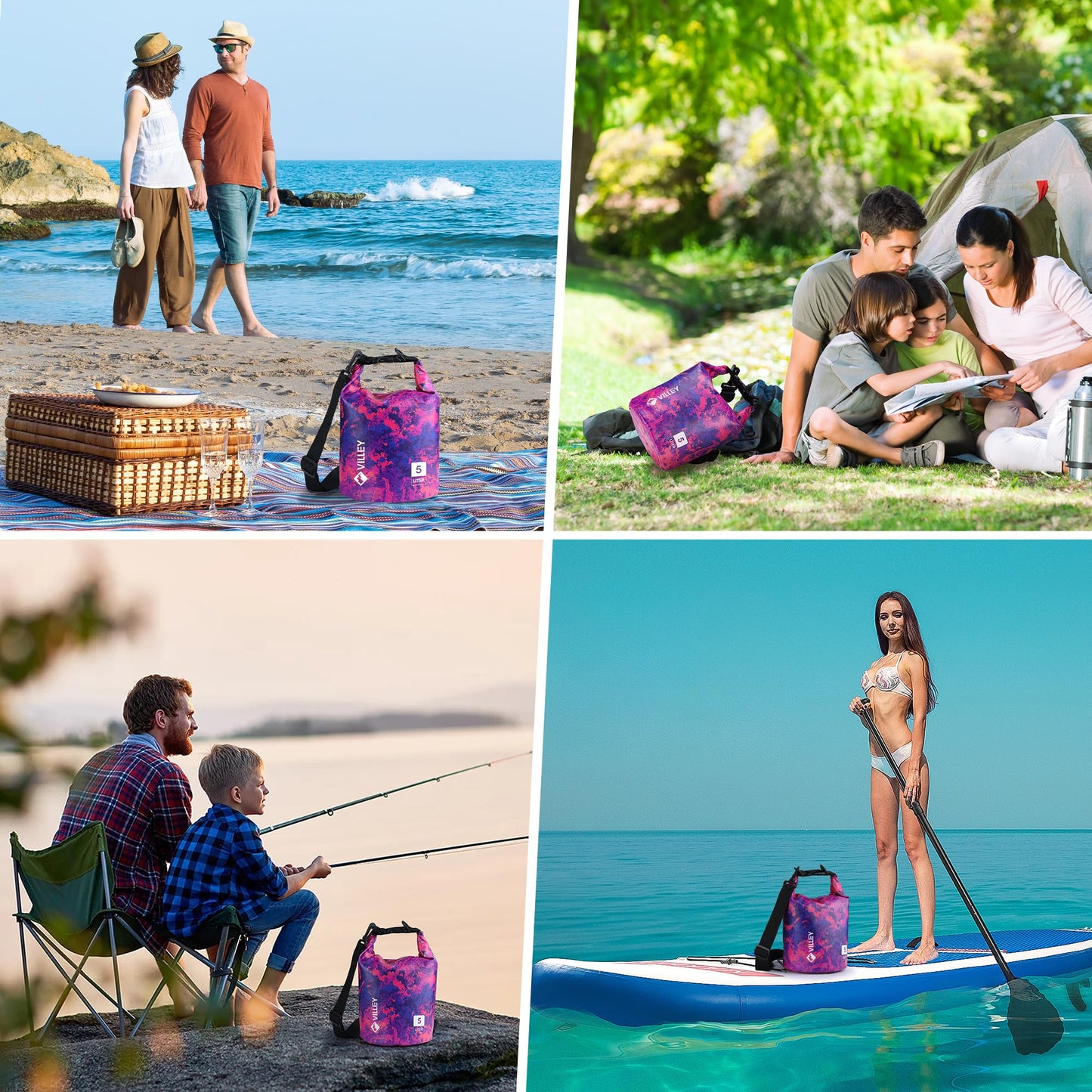 VILLEY Dry Bag Waterproof 5L Roll Top Storage Backpack, Keeps Gear Dry Lightweight Backpack for Kayaking Boating Camping Swimming and Beach Accessories Purple Camo