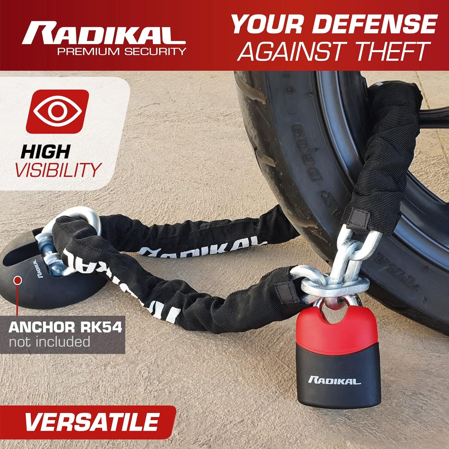 RADIKAL RK4120 Motorcycle Chain Lock Cemented Steel, ø0.39in, 3.93ft Long, 2X Link System, Anti-Scratch, High Security Padlock for Garage Security Anchor, Scooter, Electric Bicycle, Containers, Gates