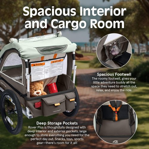 Retrospec Rover Plus Bike Trailer for Kids - Foldable Single/Double Passenger Design with 5-Point Safety Harness, Weather-Resistant Fabric & Safety Flag - 40-80 lbs