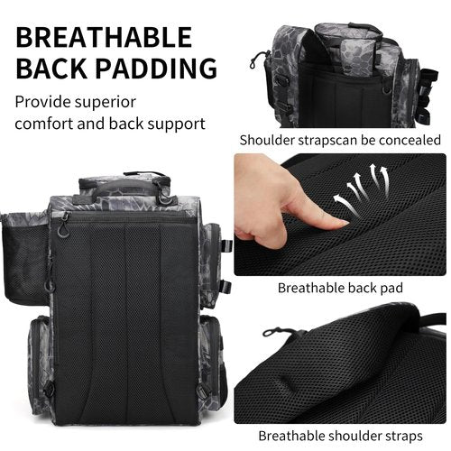 Rabjen Fishing Tackle Backpack with Rod Holders, Bottle Holder, Storage Bag Store Fishing Gear