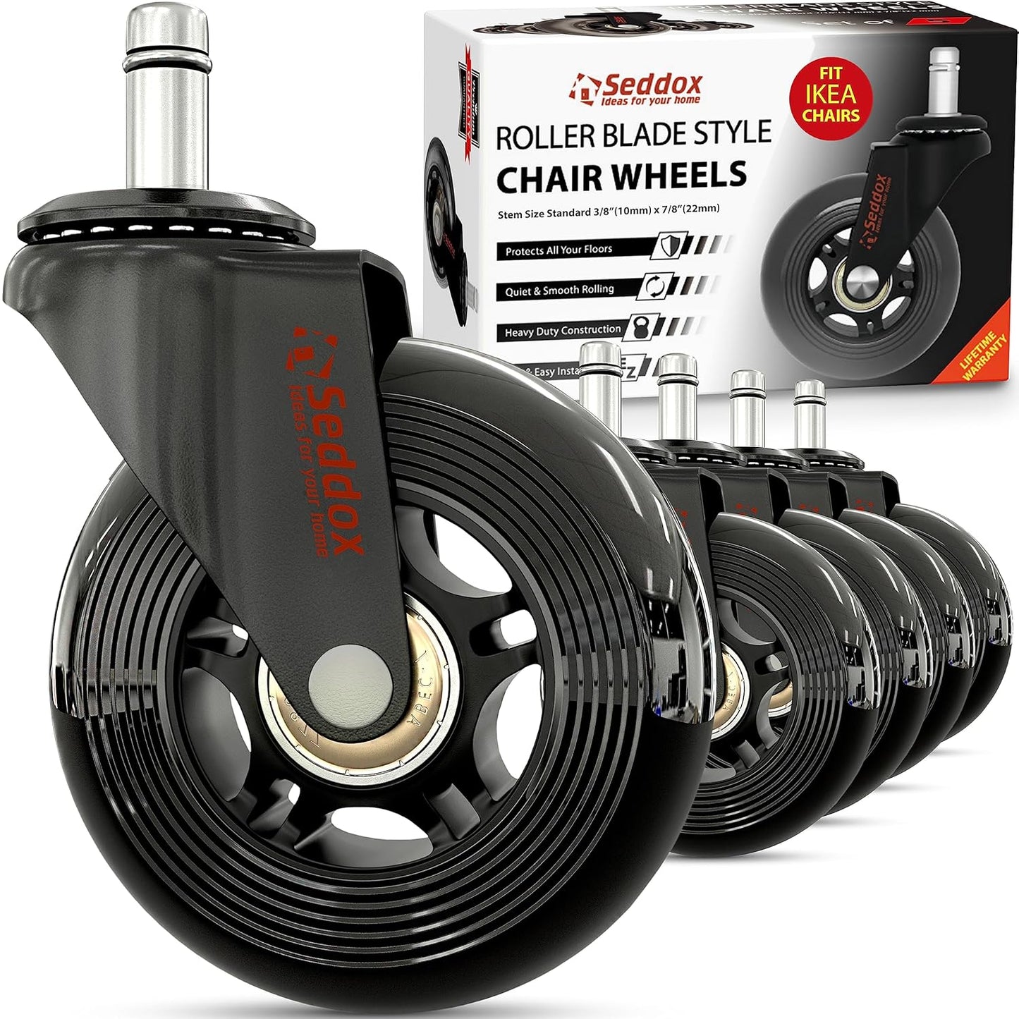 Office Chair Wheels Replacement Set 10mm (3/8" x 7/8") Stem - Fits IKEA Chairs ONLY - Soft Desk Chair Casters for Wood Floors & Carpet - Heavy Duty & Safe for All Floors Without Any Chair Mats