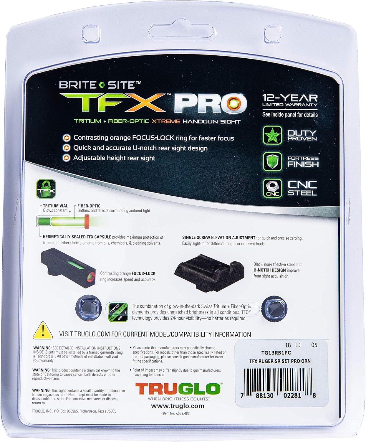 Truglo TFX PRO Night Sight for Handguns - Glowing Tritium & Fiber Optic, Compact & Durable
