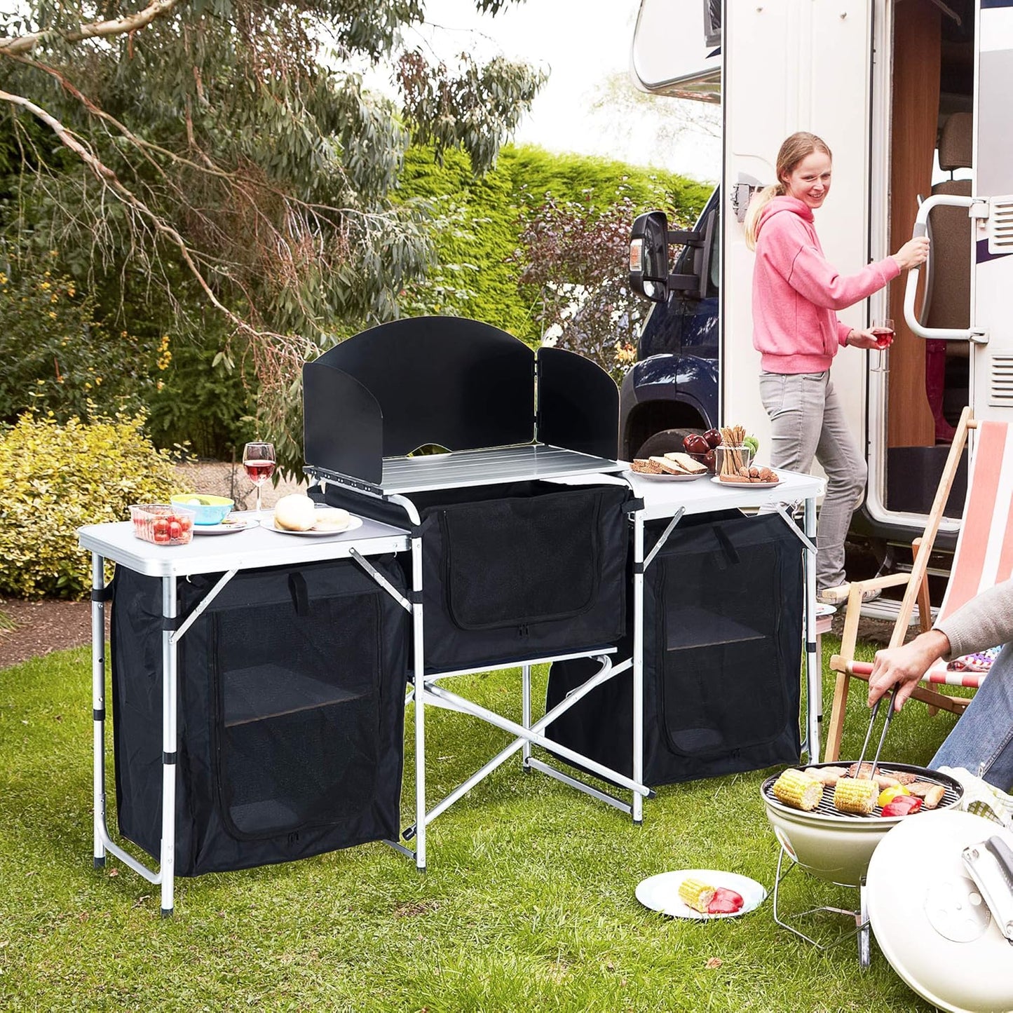 Outsunny Camping Kitchen Table, Aluminum Portable Outdoor Cooking Table, Fold-Up Cook Station with Windscreen and 3 Enclosed Cupboards for BBQ, Party, Picnics, Backyards