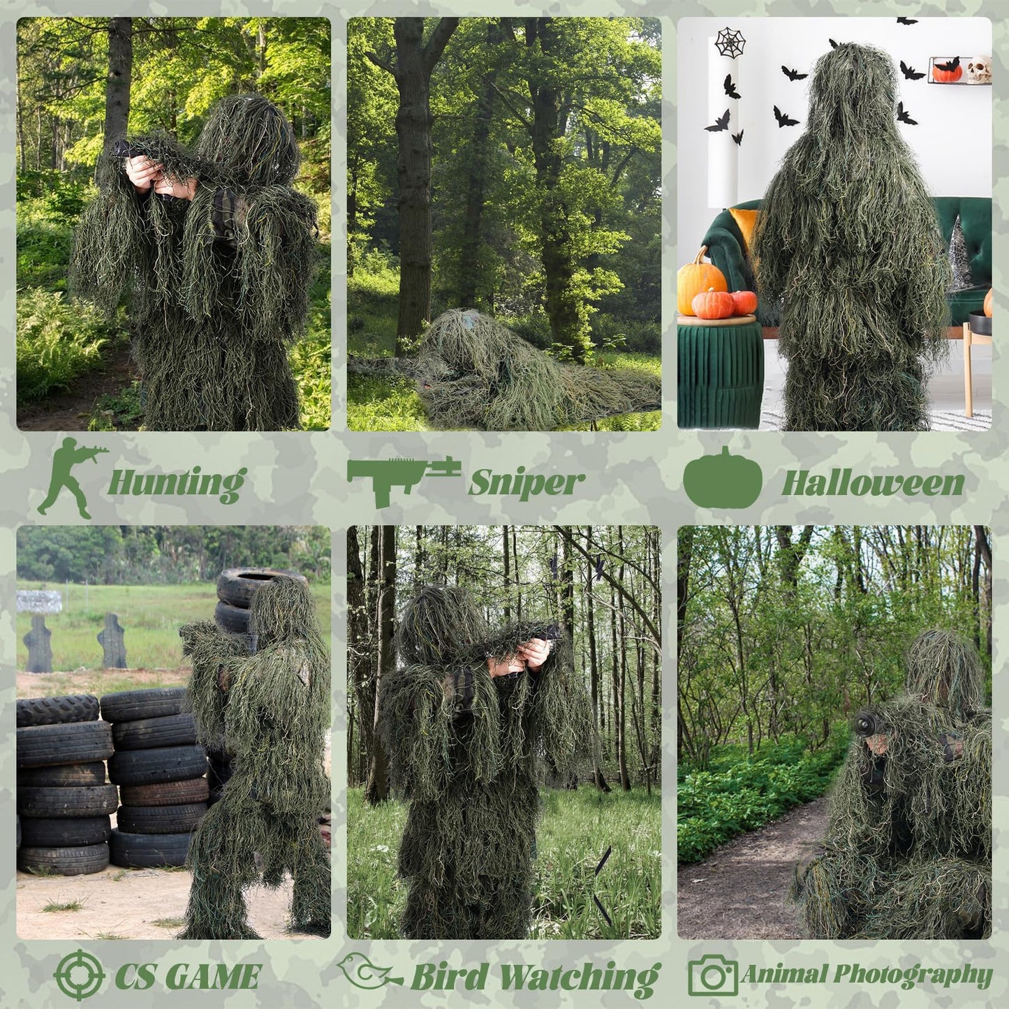5 in 1 Ghillie Suit, 3D Camouflage Hunting Apparel, Suitable for Hunting, Sniper, Halloween Costume (SM,ML,XL)