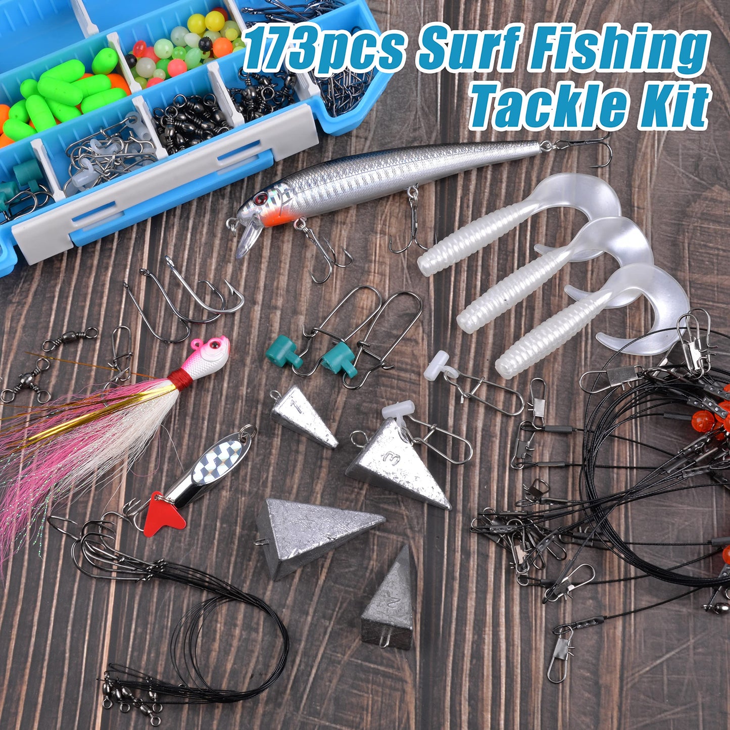 AGOOL Surf Fishing Tackle Kit, 173pcs Ocean Saltwater Fishing Lures Fish Finder Rigs Pompano Rigs Pyramid Sinker Weight Bucktail Jigs Fishing Hooks Swivels