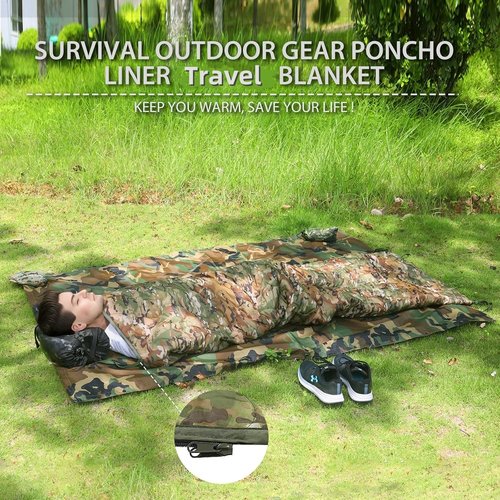 Ghileo Camo Poncho Liner, Army Blanket, Military Sleeping Bag, with A Compression Carrying Bag, for Traveling, Hiking, Camping, Outdoor Survival, Car Blanket
