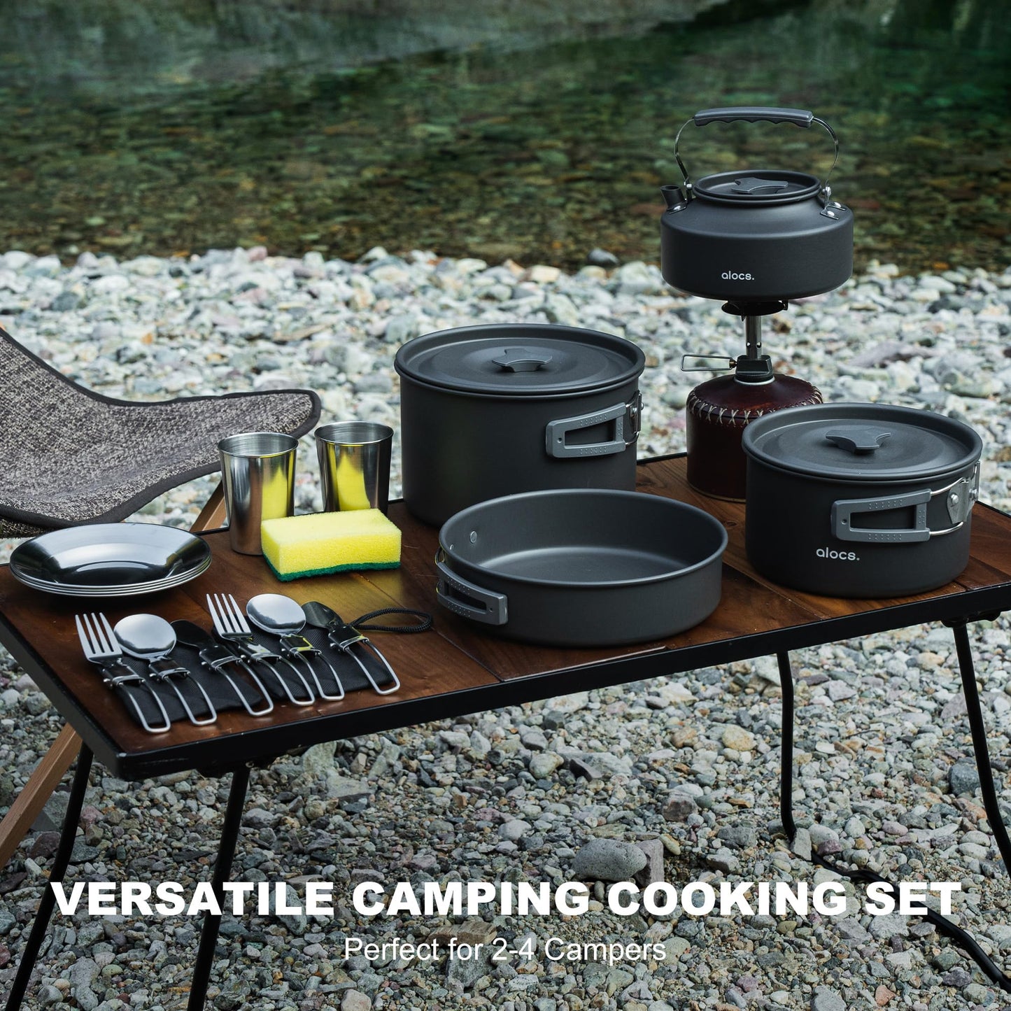 Alocs 17pcs Camping Cookware Set - Lightweight Camping Cookware Mess Kit for 2 - Portable Outdoor Cookware with Kettle - Camping Pots and Pans Set with Stainless Steel Cups Plates Forks Knives Spoons