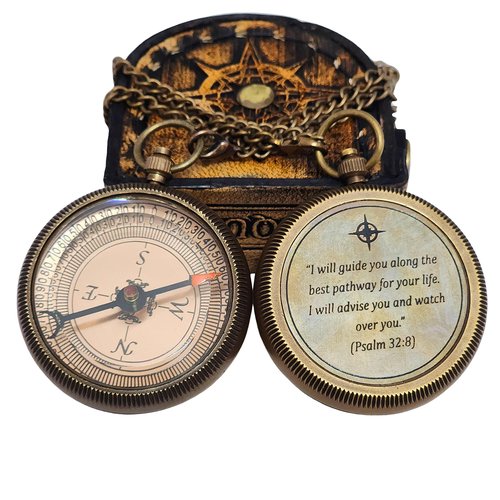 Brass Compass in Wooden & Leather Case - 2025 Graduation Gift for Him, College, High School, Birthday Gift for Son, Boys, Daughter, Inspirational, Baptism (#2 I Will Guide You)