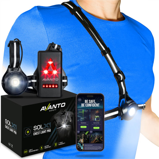 AVANTO SOLX1 Pro Chest Light, USB-C Smart Running Lights with Safety Courses, Black