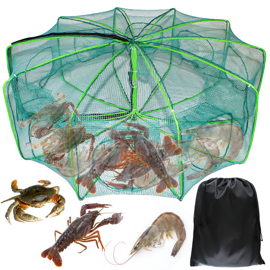 10 Sides 10 Holes Fishing Bait Trap, 32 * 10 Inch Portable Folded Fishing Nets for Minnow Crab Shrimp Crawdad, Upgrade Nylon Mesh Net Fishing Equipment