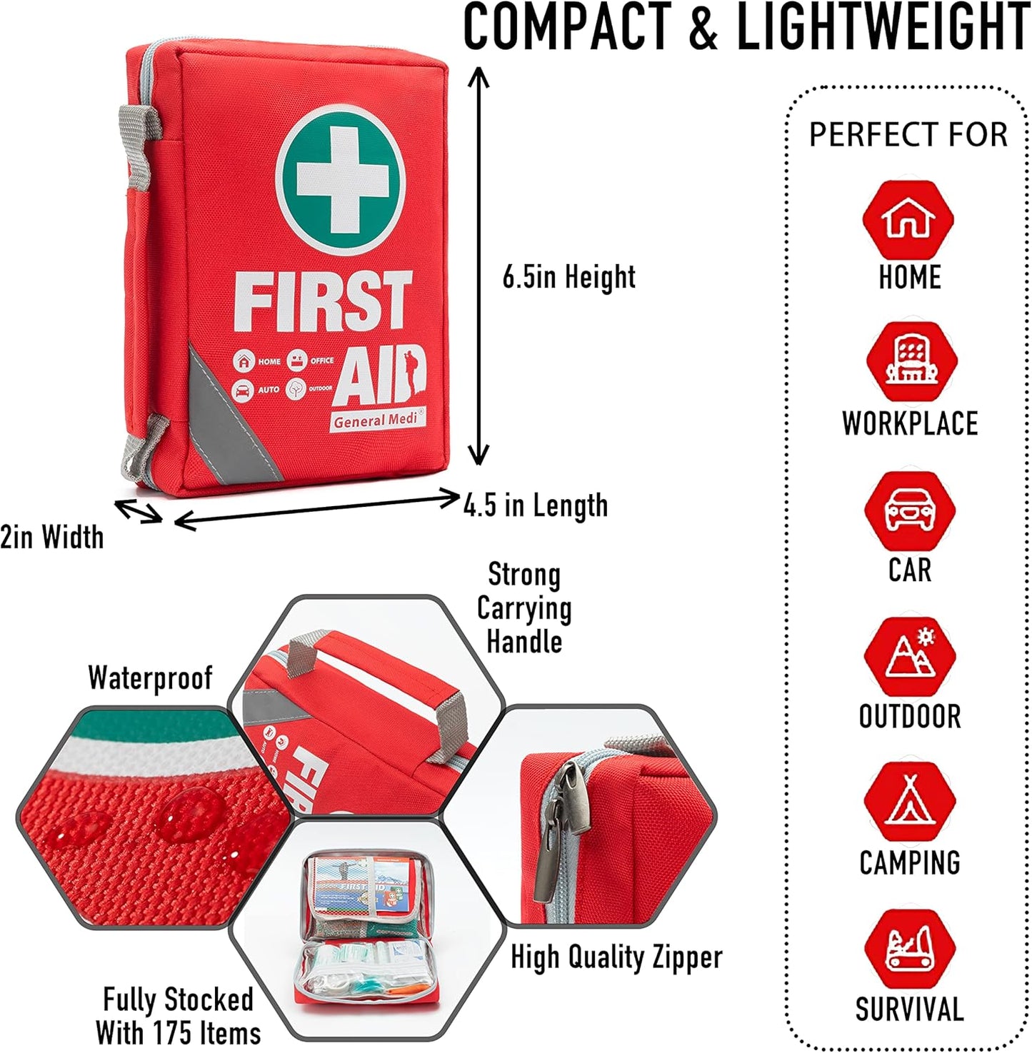 General Medi First Aid Kit - Small Compact First Aid Kit Bag(175 Piece) - Reflective Bag Design- Includes Instant Cold Pack, Emergency Blanket for Travel, Home, Office, Vehicle,Camping