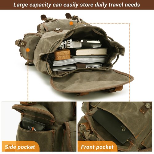HuaChen Vintage Canvas Leather Backpack: Spacious Durable Rucksack for Men & Women, Perfect for Travel and College Life - M86 Army Green Coffee