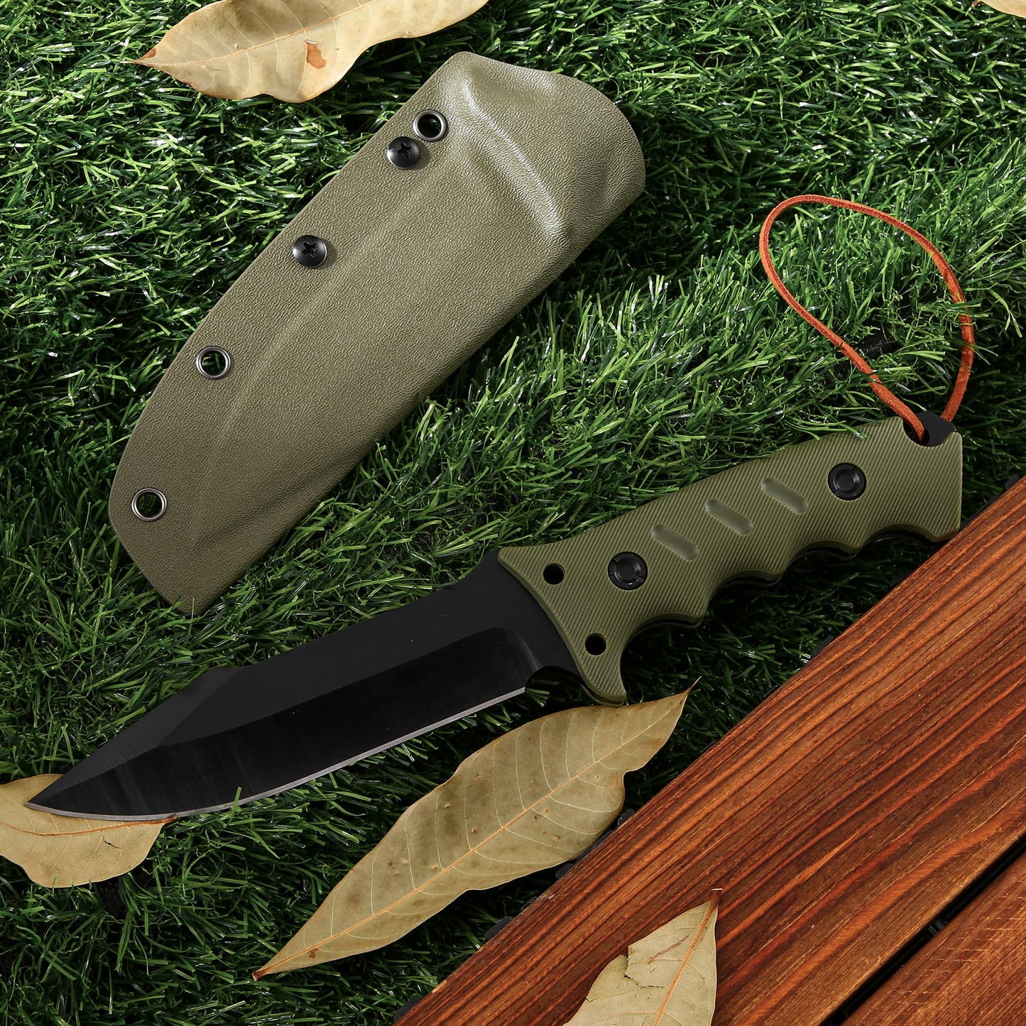 Brarvagur Full Tang Tactical Survival Knife with Kydex Sheath - Heavy Duty Outdoor Fixed Blade Knife, and Adjustable Belt Clip - Ideal for Hunting, Bushcraft, and Camping (Green)