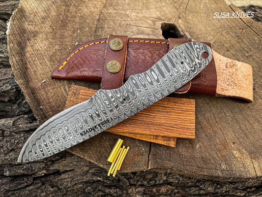 SUSA KNIVES Damascus Steel Blank Blade Hunting Knife Fixed Blade EDC Survival Knife for Men - Fixed Blade Making kit, Pins, with Sheath, Handle Scales for Making (LEADER WOOD)
