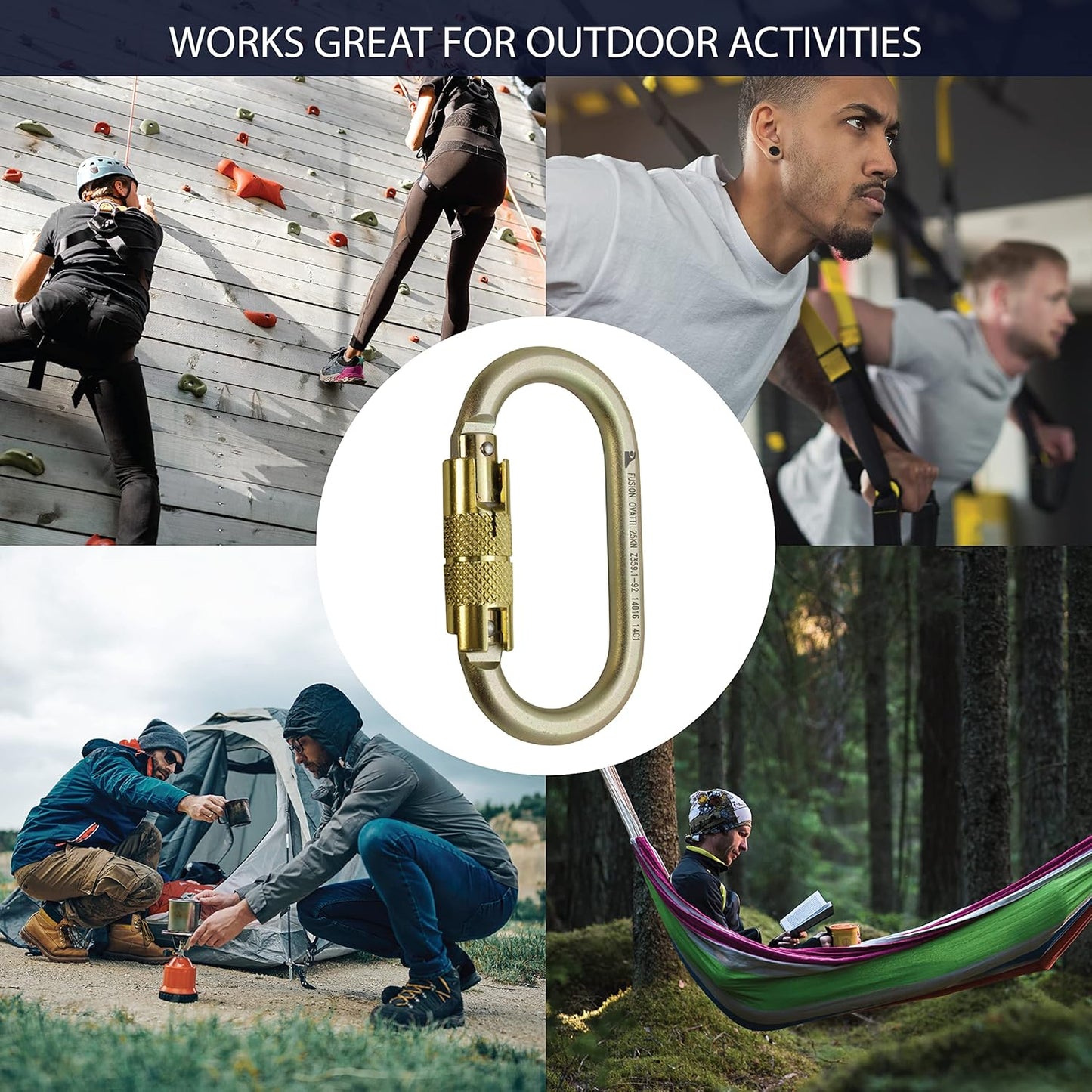 Auto Locking Carabiner 25KN (5-Pack)- Fusion Climb® Ovatti- Professional Rock Climbing Carabiner- Heavy Duty Steel- Auto Locking Carabiner for Climbing, Rappelling, D Shaped- UIAA ANSI Compliant