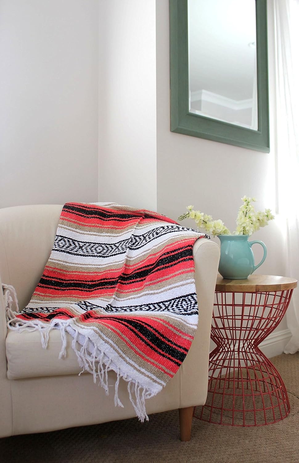 Authentic Del Mex Large Mexican Blanket - Woven Falsa Throw (70"x50") for Beach, Yoga & Outdoor Decor - Pink/Tan