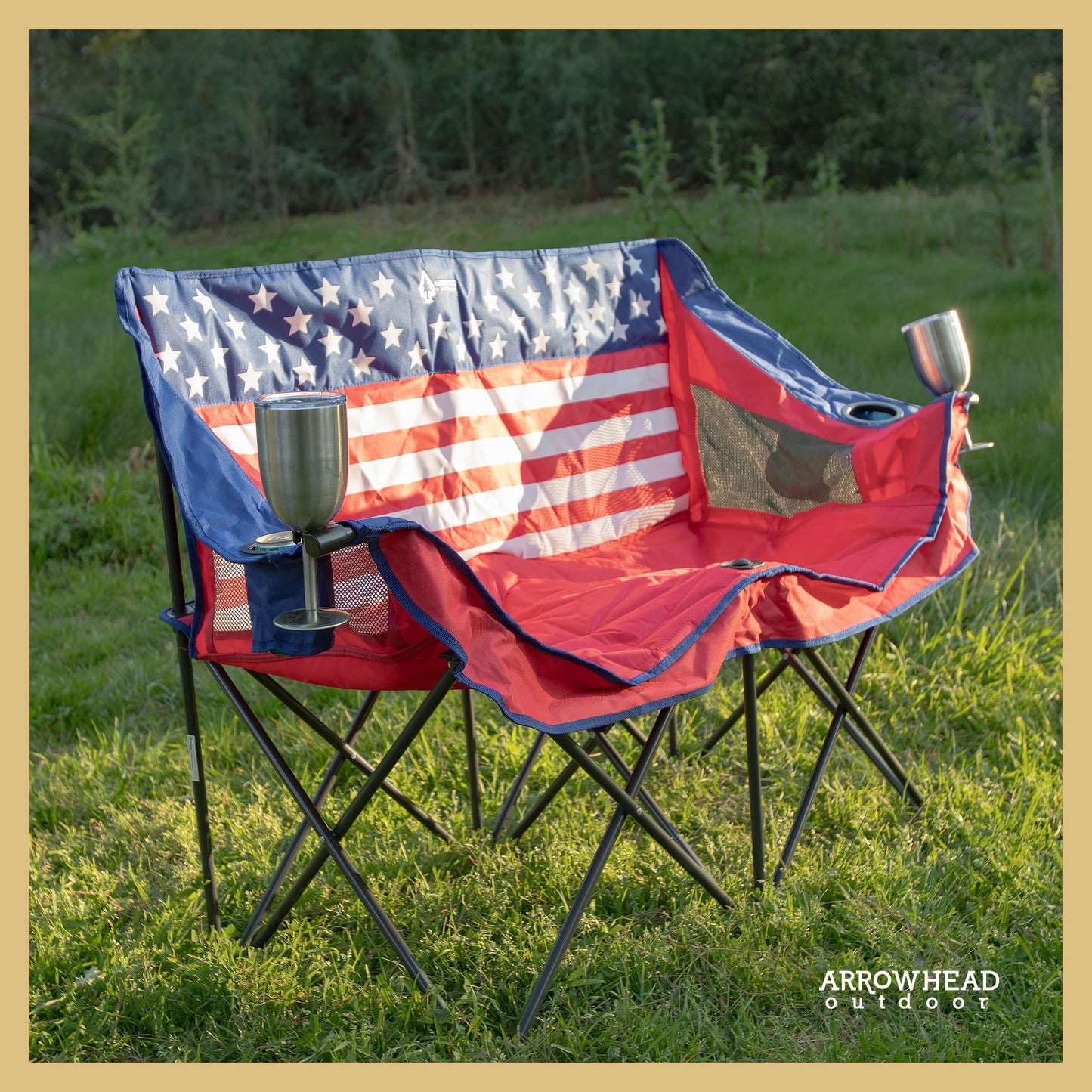 ARROWHEAD OUTDOOR Portable Folding Double Duo Camping Chair Loveseat w/ 2 Cup & Wine Glass Holder, Carrying Bag, Supports up to 500lbs