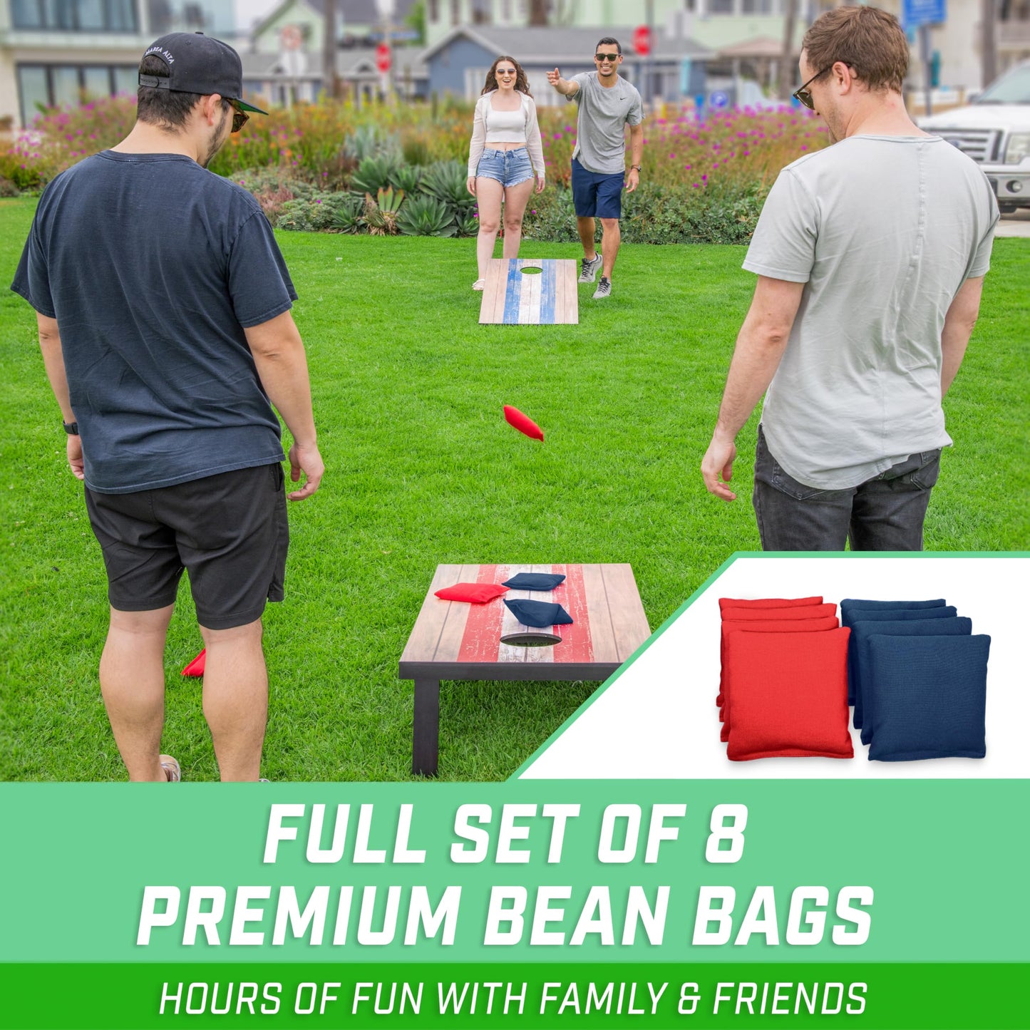 GoSports 4 x 2 ft Barnwood Design Cornhole Game Set - Includes Two 4 x 2 ft Boards, 8 Bean Bags, and Carry Case