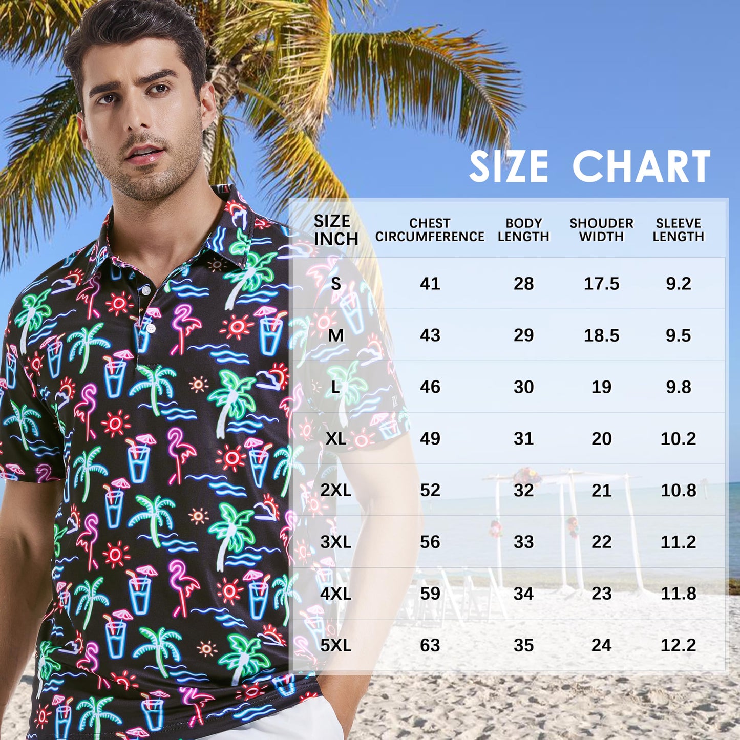 Men's Polo Shirt Short Sleeve Golf Shirt for Men Dry Fit Neon Flamingo Palm Print Casual Collared Mens Golf Polo Shirts Short Sleeve Golfing Polo for Men, 3X-Large