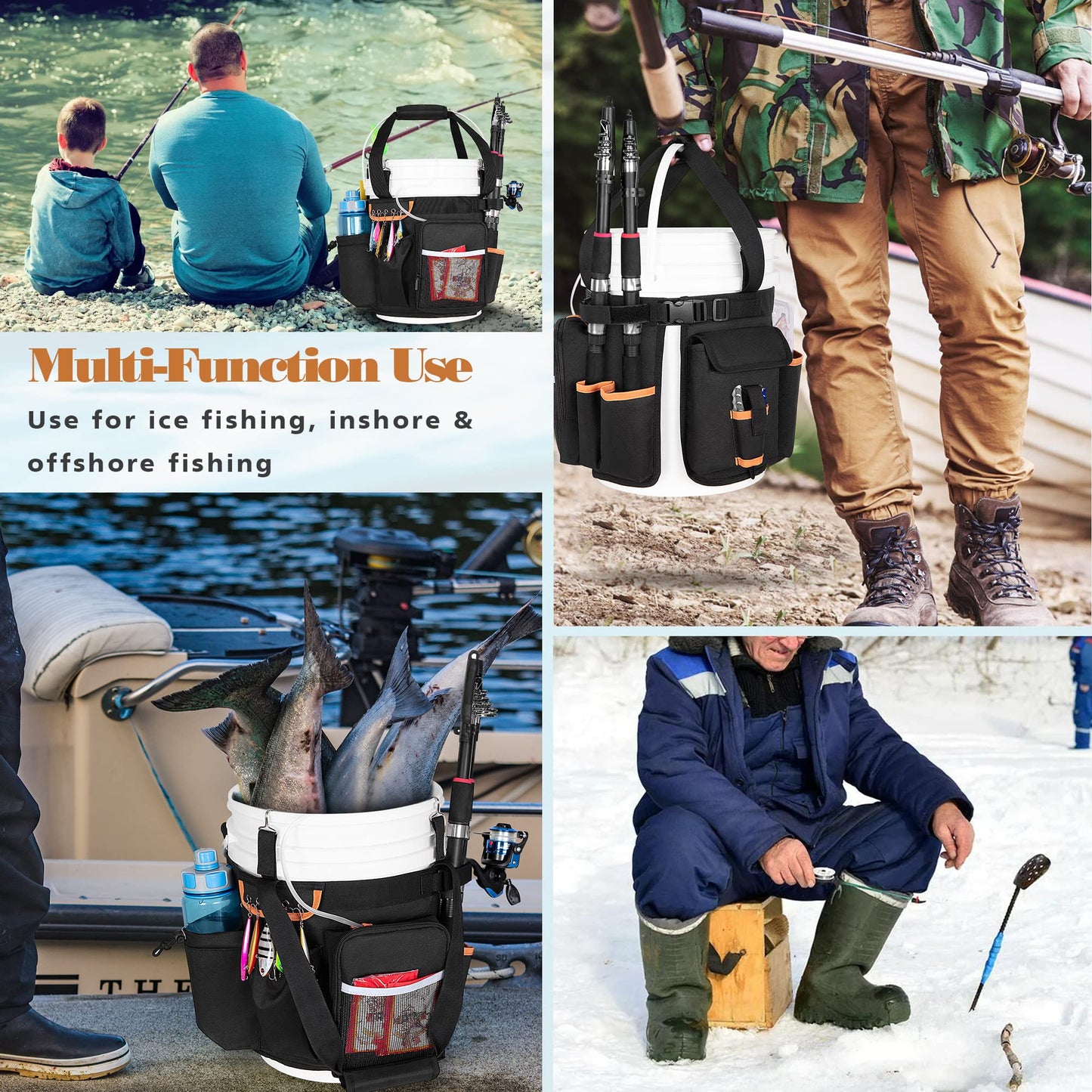 GOBUROS Fishing Bucket Organizer for 5 Gallon Bucket with Adjustable Buckle, Rod and Plier Holder and Multi-Pockets for Fishing Gear (Bucket not Included)