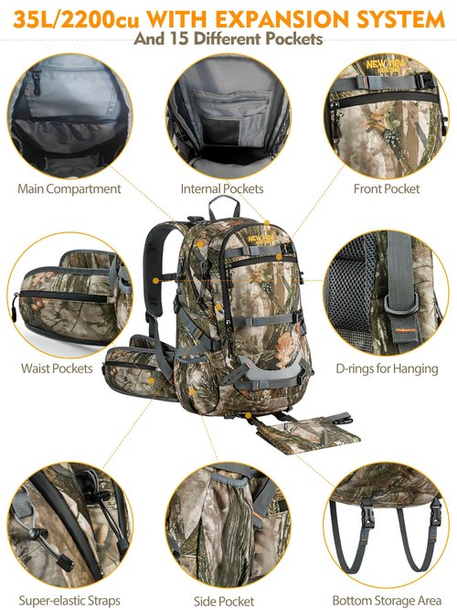 NEW VIEW Hunting Backpacks for Men 35L, Camo Backpack for Hunting with Rifle Bow Gun Holder, Waterproof Hunting Pack with Rain Rover
