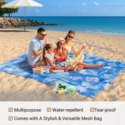 Zingtto Silky Soft 108"x84" Sand Proof Beach Blanket Sand Proof Mat with Corner Pockets and Fashion Mesh Bag for Beach Party, Travel, Camping and Outdoor Music Festival, Ombre Blue Marine