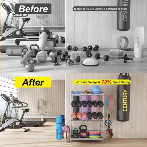 Cofiyard 700LBS Dumbbell Rack,5 Tier Weight Rack for Dumbbells,Home Gym Storage Rack for Dumbbells Kettlebells and Yoga Mat, All in One Heavy Duty Weight Organizer with Wheels and Hooks (Silver)