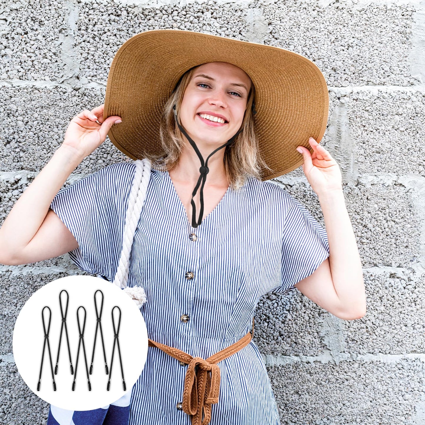 KALIONE 5 Pcs Adjustable Hat Strap Clips Elastic Hats Removable Chin Cord, Windproof Hat Strap Clips Anti-Lost Cap Strap Clips for Golfing Boating Fishing Hat Outdoor Black, 6