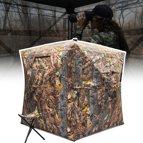 KNINE OUTDOORS Hunting Blind With Chair, 2-3 Person Pop Up Ground Blind, 270 Degree Portable Resilient Tent for Deer & Turkey Hunting