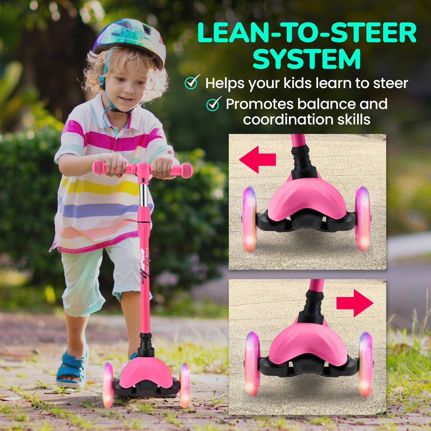 Hurtle Mini Kickboard Scooter for Kids - Height Adjustable 25''-28'', Lightweight 3-Wheel with LED Light-up Wheels, Anti-Slip,Indoor/Outdoor Fun, Micro Scooters for Ages 2-5 (Watermelon)