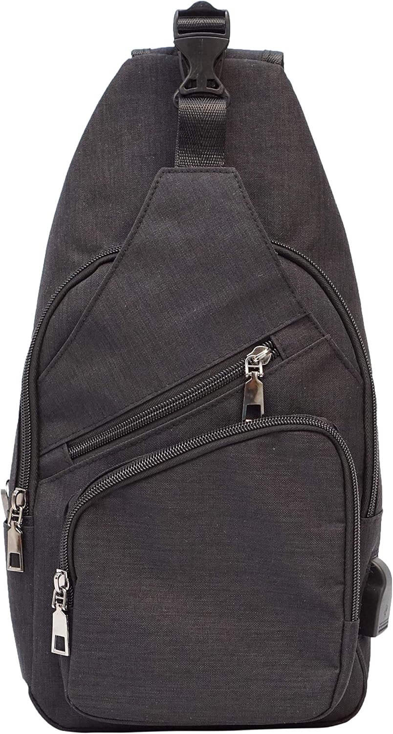 Anti-Theft Daypack Crossbody Sling Backpack, USB Charging Connector Port, Lightweight Day Pack for Travel, Hiking, Everyday, Regular, Black