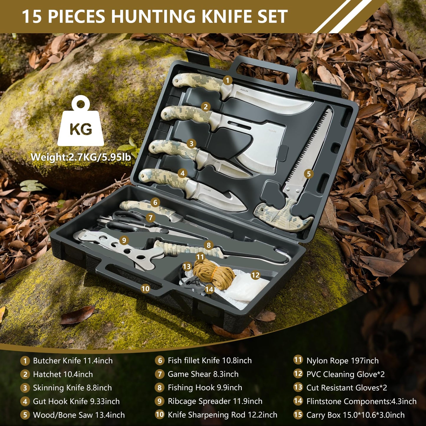 Jellas Professional 15-Piece Hunting & Outdoor Gear Set | Game Processing Kit with Field Dressing Tools, Bone Saw, Gut Hook, Fixed Blade, Boning, Skinning & Fillet Blades | Heavy-Duty Portable Case