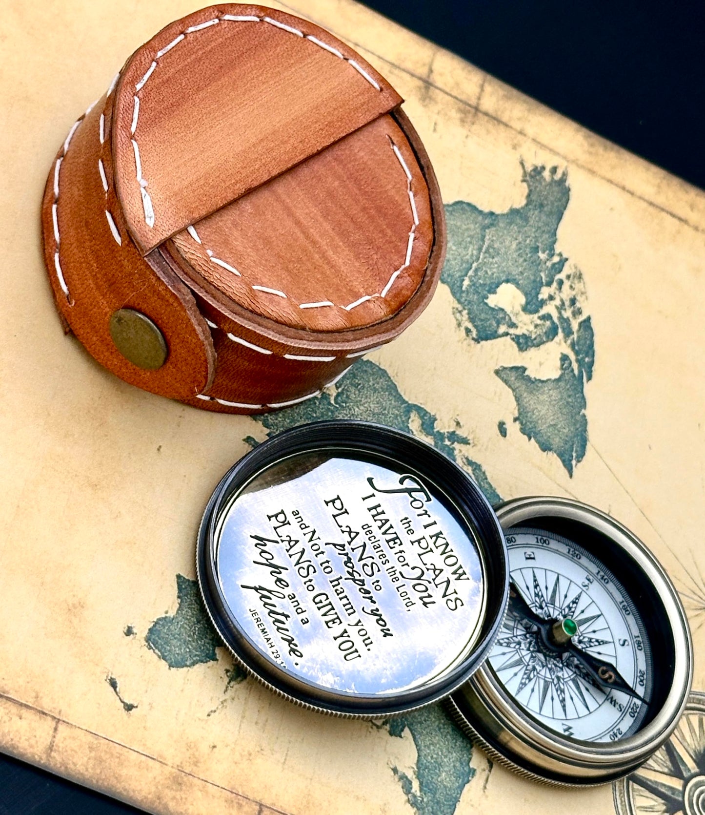 for I Know The Plans I Have for You - Jeremiah 29:11, Compass Engraved Leather Box, Christian & Religious Gifts for Men, Confirmation, Communion & Baptismal Gifts