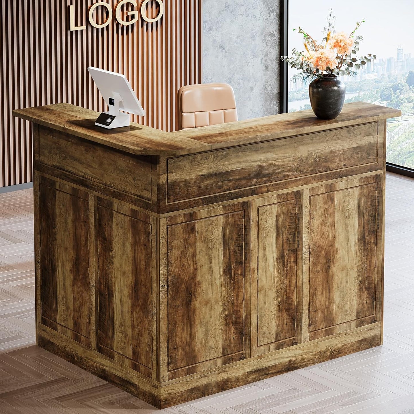 Tribesigns Reception Desk with Storage Shelves, L-Shaped Modern Front Desk, Reception Counter Table for Small Office, Salon, Checkout Office, Black