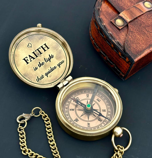 Faith Compass – Inspirational Gift for Men & Boys | Christian Baptism, Communion, Confirmation, or Graduation Present | “Faith is The Light That Guides You” Engraved | Leather Box