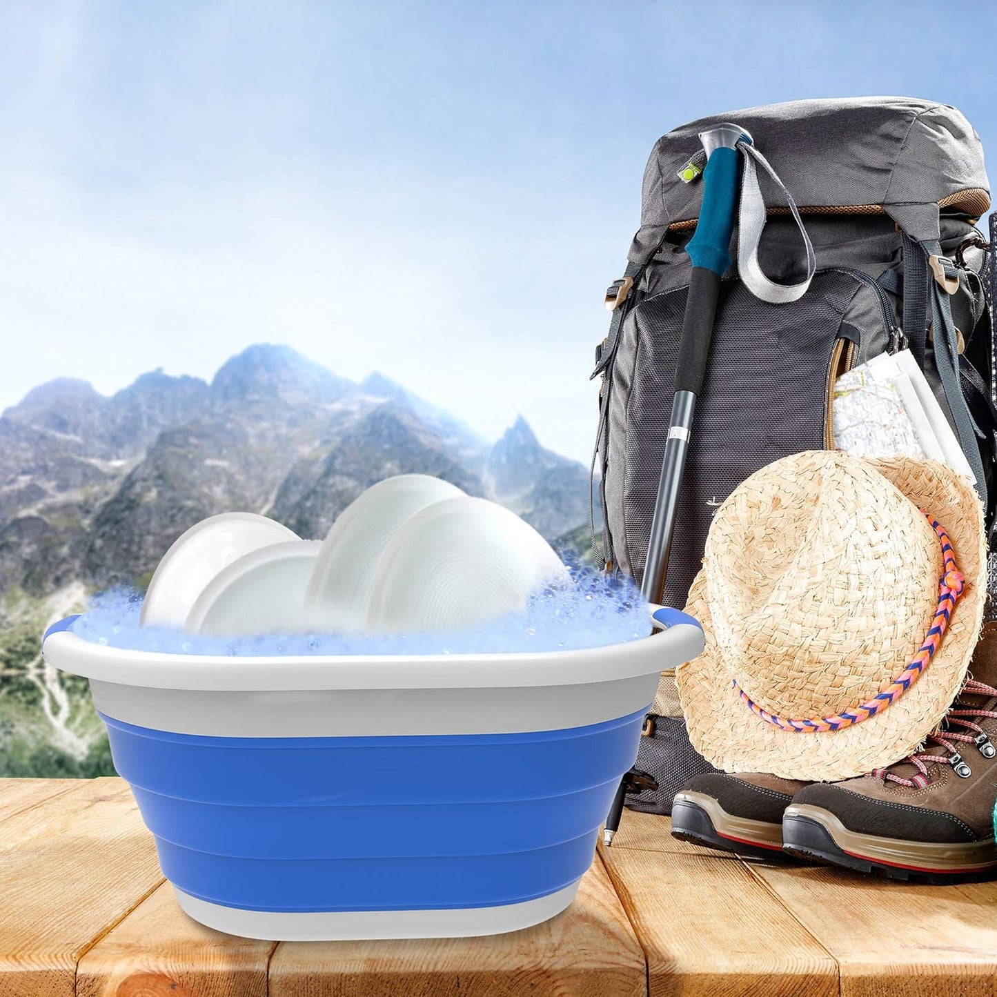 Trademark Home Collection Wakeman 75-CMP1062 Outdoors Collapsible Wash Basin, Dish Tub, Ice Bucket, Portable Basket & Comfort Handles for Camping, Tailgating, More (Gray), 24.25” x 12.5” x 11”