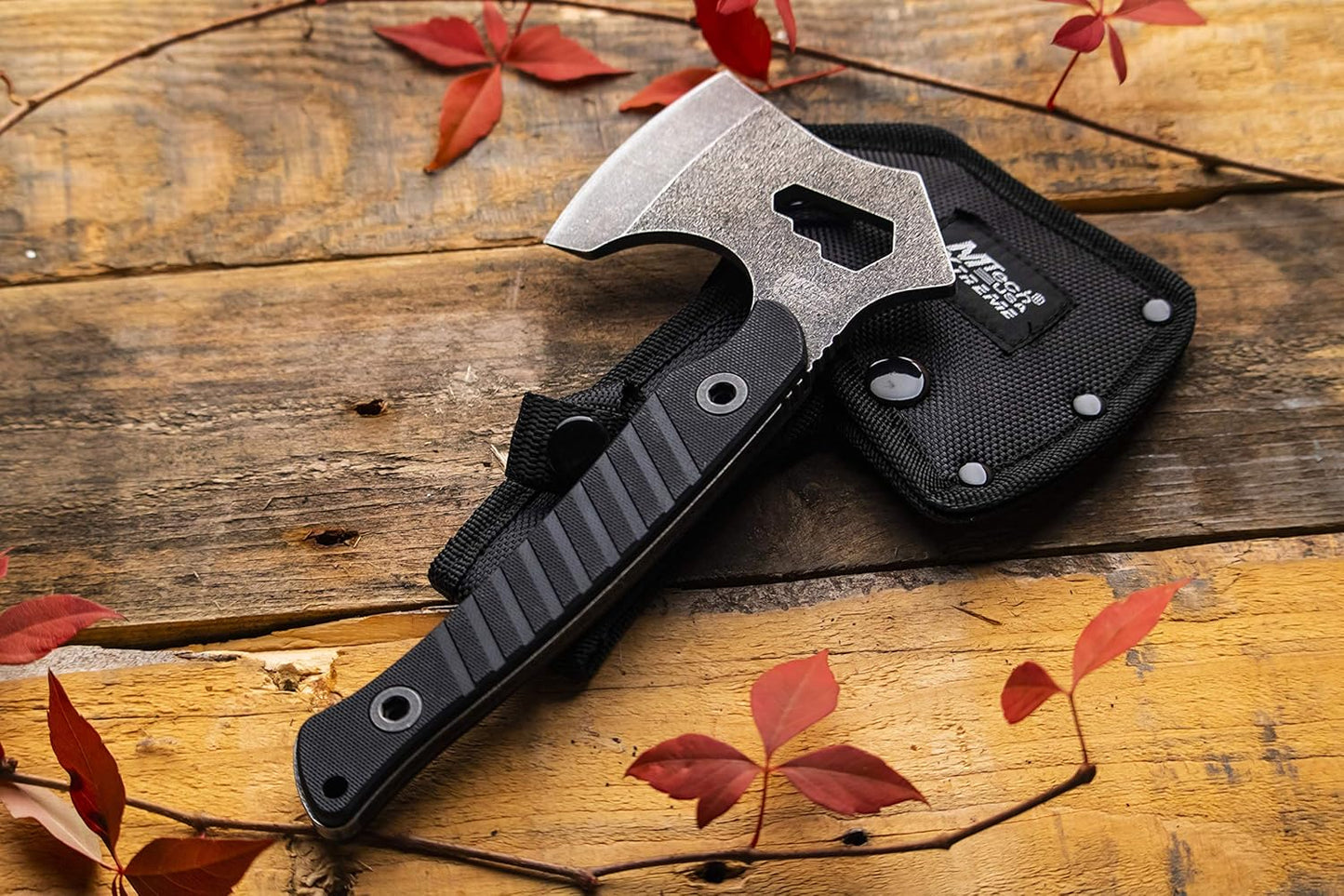MTech USA Xtreme – Axe – Stonewashed Finish Stainless Steel Axe Blade, Black G10 Handle, Full Tang Construction, Includes 1680D Nylon Sheath, EDC, Tactical – MX-AXE10BK