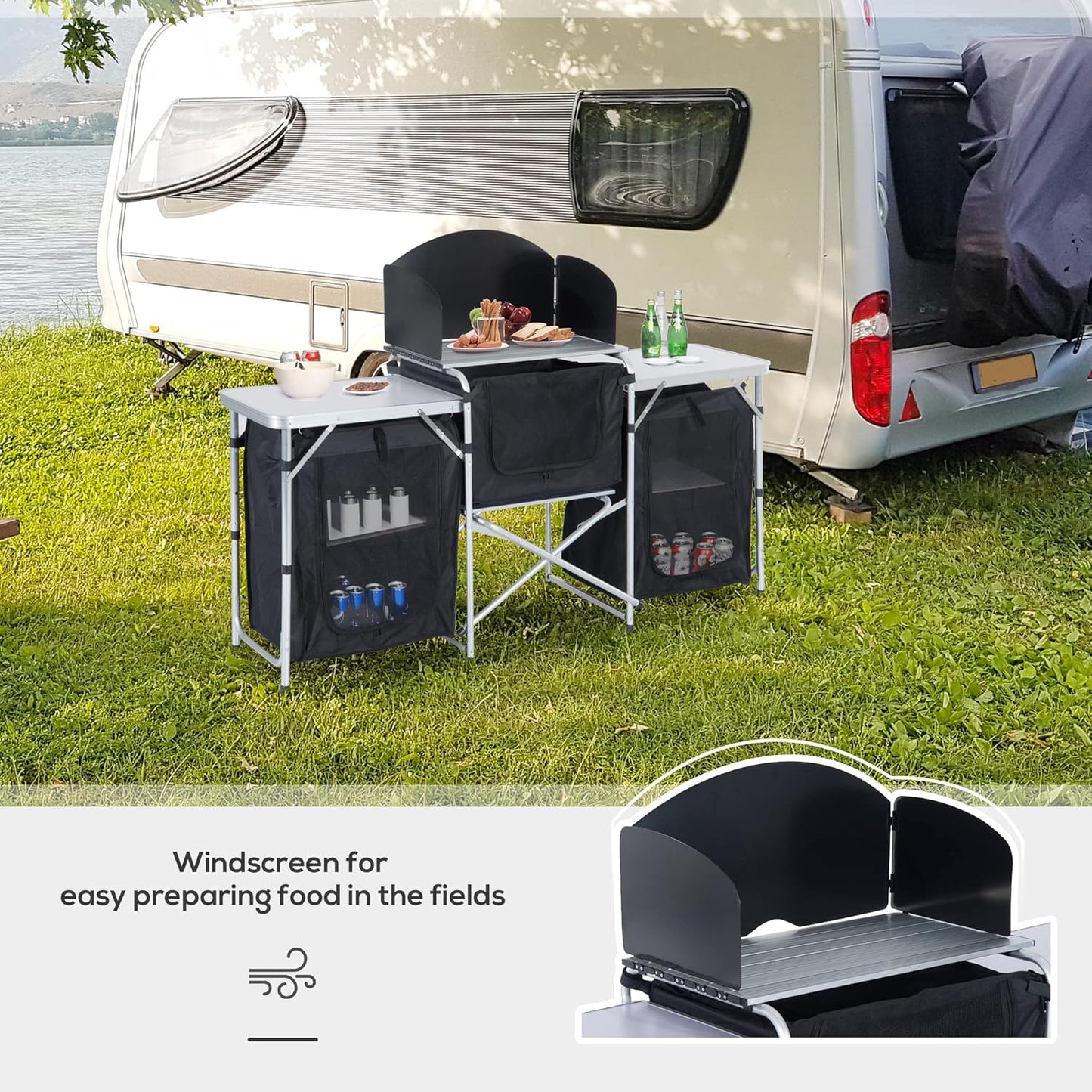 Outsunny Camping Kitchen Table, Aluminum Portable Outdoor Cooking Table, Fold-Up Cook Station with Windscreen and 3 Enclosed Cupboards for BBQ, Party, Picnics, Backyards