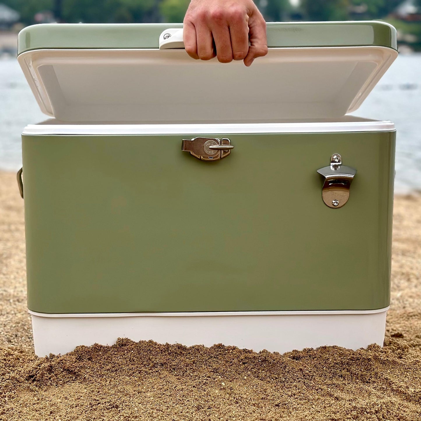 FSE Retro Metal Cooler, 80 Can/54 Qt. Capacity, Hard-Sided, Two Tone, Holds Up to 80 Beverage Cans, Metal Construction with Plastic Lining, Green/Cream