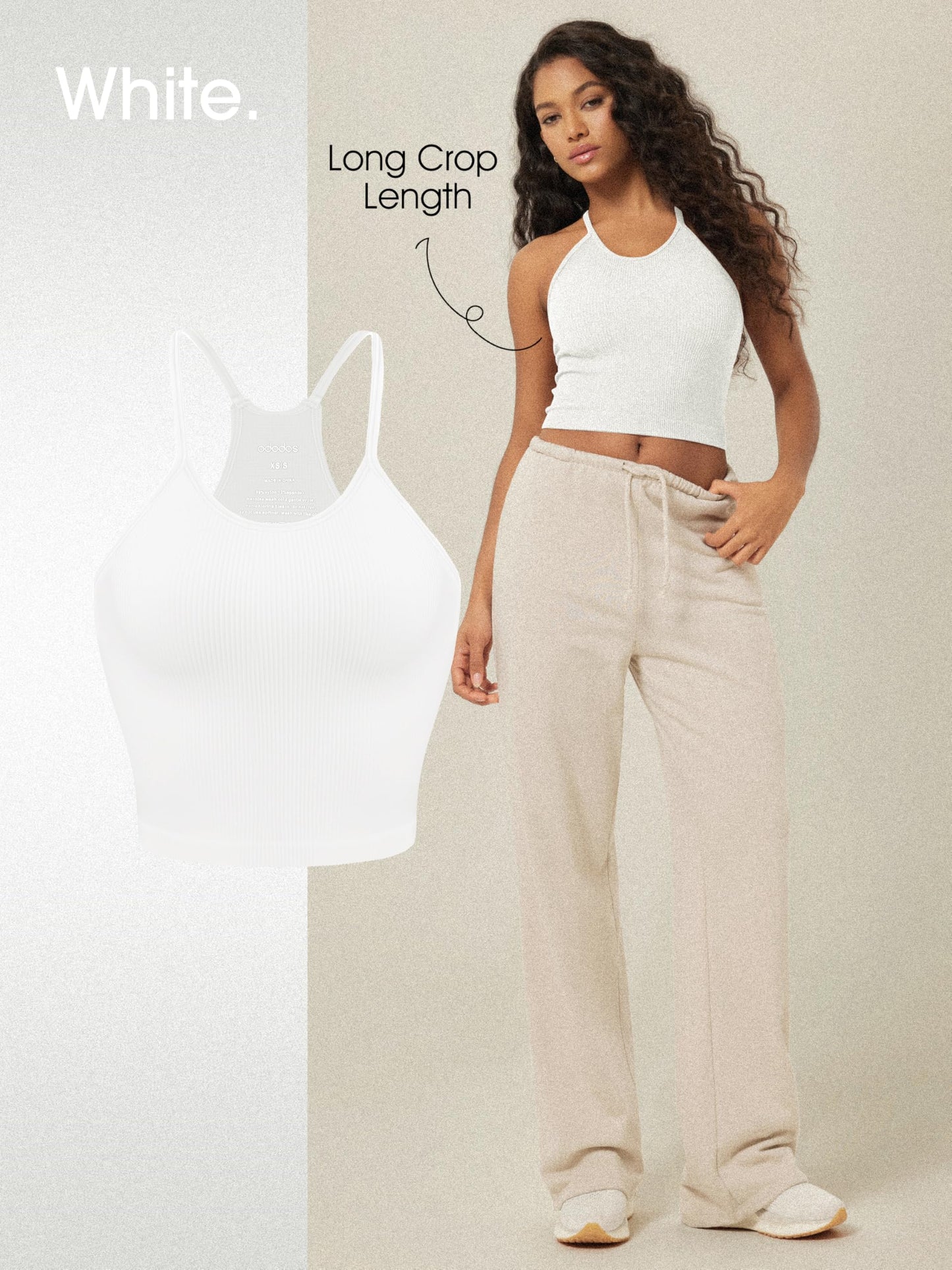 ODODOS Women's Crop Camisole 3-Pack Seamless Rib-Knit Crop Tank Tops, Long Crop, White Gray Black, X-Large/XX-Large