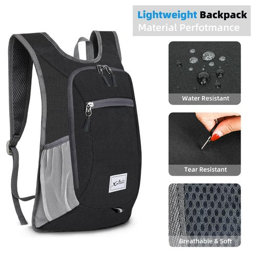 Xgunion Small Travel Backpack - Lightweight & Foldable, 10L Capacity, Packable & Camping Hiking Daypack for Women & Men (Black)