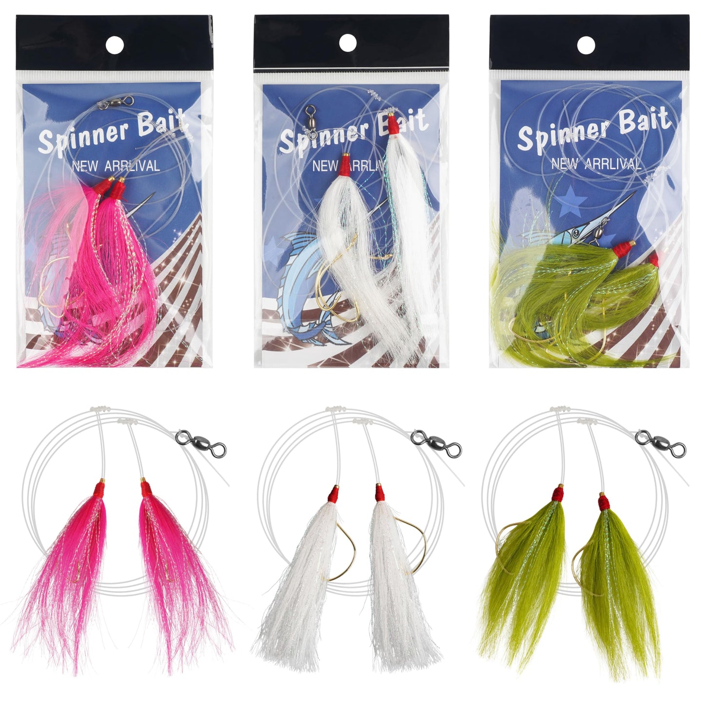 Fishing Bait Rigs Saltwater, 3/6packs Flounder Rigs with Bucktail Teaser Mylar Teaser Mono Leader Swivels Fishing Rig for Flounder Sea Bass Halibut Black Fish