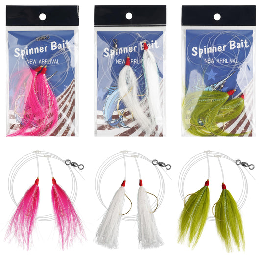 Fishing Bait Rigs Saltwater, 3/6packs Flounder Rigs with Bucktail Teaser Mylar Teaser Mono Leader Swivels Fishing Rig for Flounder Sea Bass Halibut Black Fish