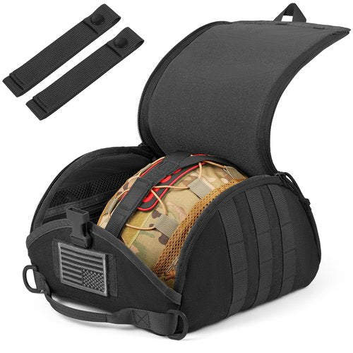FRTKK Tactical Helmet Bag Pack, Military Molle Pouch Multi-Purpose Carrying Storage Bag Include USA Flag Patch and 2 PCS Molle Straps for Sports Hunting Shooting Combat Helmets (Black)